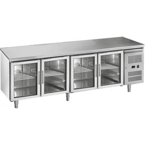 Desserte réfrigérée centrale, gamme gastro GN1/1 portes vitrées , 4 portes, inox, 616 L Desserte réfrigérée centrale, gamme gastro GN1/1 portes vitrées , 4 portes, inox, 616 L