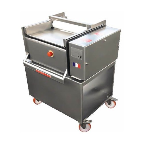 Éplucheuse decouenneuse, viande, système à peigne et rouleau nettoyeur