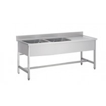 Plonge soudée sur pieds carrés sans étagère, inox AISI 304, 2 bacs à gauche, L 1400 x P 600 x H 850 mm