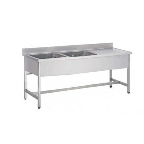 Plonge soudée sur pieds carrés sans étagère, inox AISI 304, 2 bacs à gauche, dimension du bac : L 400 x P 400 x H 300 mm Plonge soudée sur pieds carrés sans étagère, inox AISI 304, 2 bacs à gauche, dimension du bac : L 400 x P 400 x H 300 mm