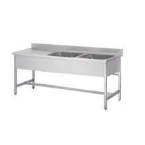 Plonge soudée sur pieds carrés sans étagère, inox AISI 304, 2 bacs à droite, dimensions bacs : L 400 x P 400 x H 300 mm