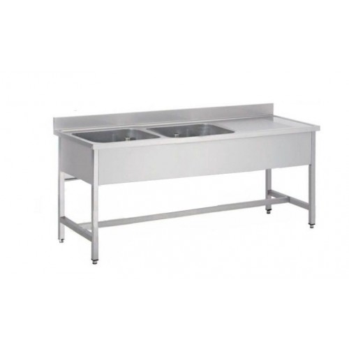 Plonge démontable sur pieds carrés sans étagère, inox AISI 304, 2 bacs, longueur 1500 mm Plonge démontable sur pieds carrés sans étagère, inox AISI 304, 2 bacs, longueur 1500 mm