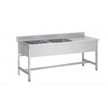 Plonge démontable sur pieds carrés sans étagère, inox AISI 304, 2 bacs, longueur 1600 mm