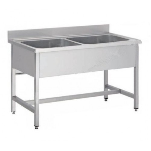 Plonge démontable sur pieds carrés sans étagère, inox AISI 304, 2 bacs au centre, longueur 1400 mm Plonge démontable sur pieds carrés sans étagère, inox AISI 304, 2 bacs au centre, longueur 1400 mm