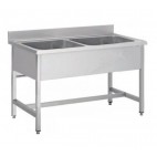 Plonge démontable pieds carrés sans étagère,2 bacs, inox AISI 304, L 1400 x P 700 x H 850 mm