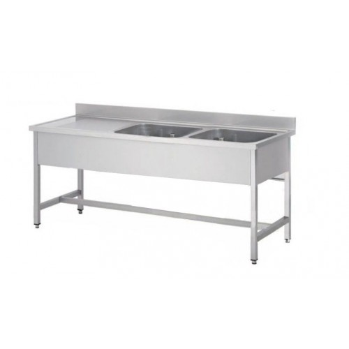 Plonge soudée sur pieds carrés sans étagère, inox ferritique, 2 bacs à droite, dimension bac : L 500 x P 400 x H 300 mm