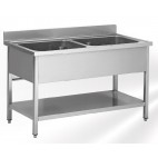 Plonge démontable sur pieds carrés avec étagère, inox AISI 304, 2 bacs au centre, longueur 1200 mm