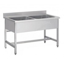 Plonge soudée sur pieds carrés sans étagère, inox ferritique, 2 bacs au centre, longueur 1200 mm