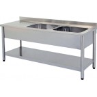 Plonge démontable sur pieds ronds avec étagère inox ferritique 2 bacs à droite dimension bac: L 400 x P 400 x H 250 mm