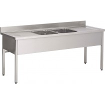 Plonge soudée sur pieds carrés sans étagère, inox ferritique,  2 bacs, L 2400 x P 700 x H 850 mm