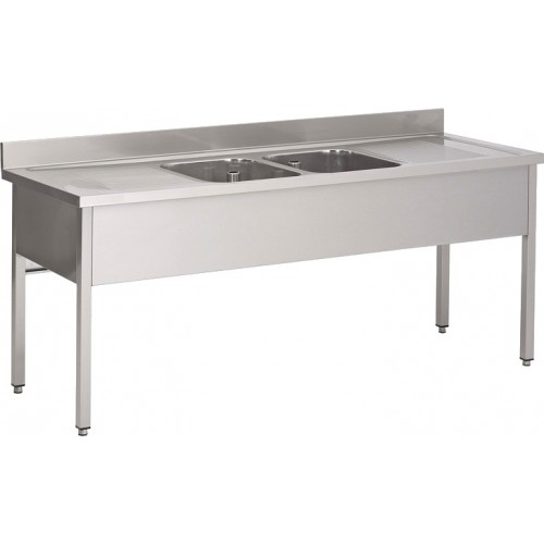 Plonge soudée sur pieds carrés sans étagère, inox ferritique, 2 bacs au centre, longueur 2000 mm Plonge soudée sur pieds carrés sans étagère, inox ferritique, 2 bacs au centre, longueur 2000 mm