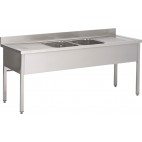Plonge soudée sur pieds carrés sans étagère, inox ferritique, 2 bacs au centre, longueur 2000 mm