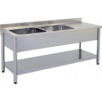 Plonge démontable sur pieds ronds avec étagère inox AISI 304 2 bacs longueur 1600 mm