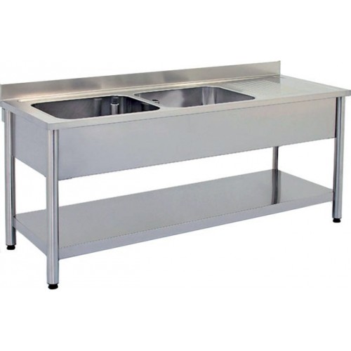 Plonge démontable sur pieds ronds avec étagère inox AISI 304 2 bacs longueur 1600 mm Plonge démontable sur pieds ronds avec étagère inox AISI 304 2 bacs longueur 1600 mm