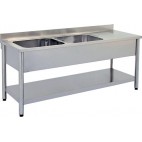 Plonge démontable sur pieds ronds avec étagère inox AISI 304 2 bacs longueur 1600 mm