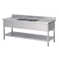 Plonge soudée sur pieds carrés avec étagère pleine, inox ferritique, 2 bacs, L 2400 x P 700 x H 850 mm