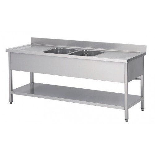 Plonge soudée sur pieds carrés avec étagère, inox ferritique, 2 bacs au centre, longueur 2400 mm Plonge soudée sur pieds carrés avec étagère, inox ferritique, 2 bacs au centre, longueur 2400 mm