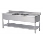 Plonge soudée sur pieds carrés avec étagère, inox AISI 304, 2 bacs au centre, longueur 2400 mm