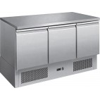 Desserte centrale type saladette dessus inox, réfrigérée, 3 portes, inox, L 1365 x P 700 x H 870 mm