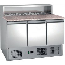 Table à pizza , avec insert pour bacs gastronormes, 8 GN1/6, 3 portes, inox, L 1365 x P 700 x H 1075 mm