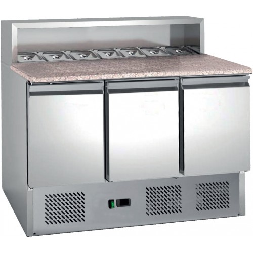 Table à pizza avec insert pour bacs gastronormes 8 GN1/6 3 portes inox Table à pizza avec insert pour bacs gastronormes 8 GN1/6 3 portes inox
