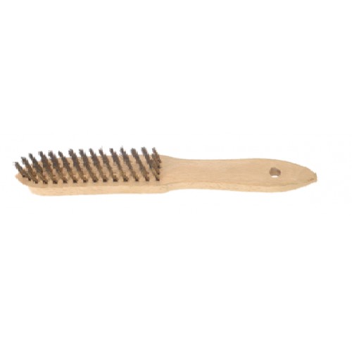 Brosse métallique manche bois fils ronds en acier laitonné pour planchas L 295 x P 32 mm Brosse métallique manche bois fils ronds en acier laitonné pour planchas L 295 x P 32 mm