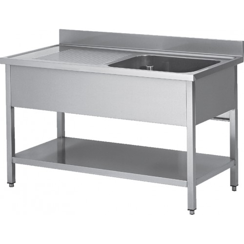 Plonge soudée sur pieds carrés avec étagère, inox AISI 304, 1 bac à droite, P-600 mm Plonge soudée sur pieds carrés avec étagère, inox AISI 304, 1 bac à droite, P-600 mm