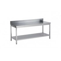 Table démontable pieds carrés, adossée+étagère, Inox AISI 304, profondeur 600 mm