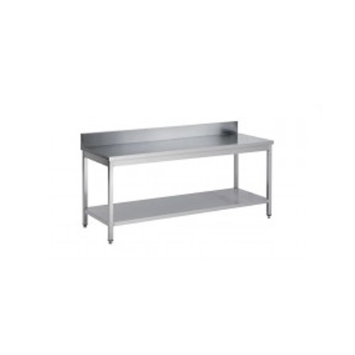 Table démontable bord droit pieds carrés, inox AISI 304, adossée + étagère, P 600 mm Table démontable bord droit pieds carrés, inox AISI 304, adossée + étagère, P 600 mm