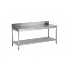 Table démontable pieds carrés, adossée+étagère, Inox AISI 304, profondeur 600 mm