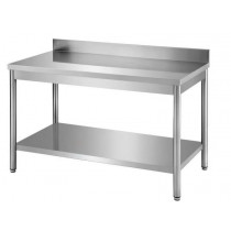 Table démontable pieds ronds, adossée+étagère, inox ferritique, profondeur 600 mm