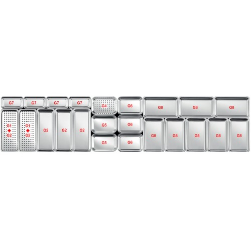 Plats inox pour vitrines réfrigérées P 700 mm, plat rectangulaire, présentation type G2 Plats inox pour vitrines réfrigérées P 700 mm, plat rectangulaire, présentation type G2