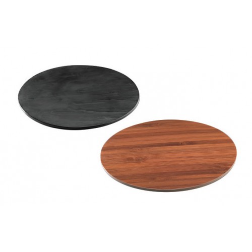 Plateaux ronds en mélamine 2 faces imitation bambou et ardoise Plateaux ronds en mélamine 2 faces imitation bambou et ardoise