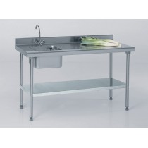 Table du chef TS 15N soudée, avec robinet, à dosseret + étagère, largeur 700 mm, bac à droite, L 400 x P 400 x H 250 mm