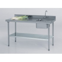 Table du chef TS 15N soudée, avec robinet, à dosseret + étagère, largeur 700 mm, bac à droite, L 400 x P 400 x H 250 mm