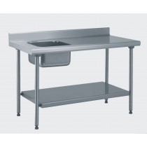 Table du chef TS 15N soudée, sans robinet, à dosseret + étagère, L 700 x l 700 mm, bac au centre, L 400 x P 400 x H 250 mm