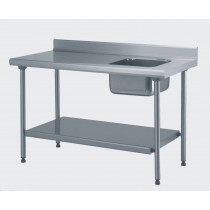 Table du chef TS 15N soudée, sans robinet, à dosseret + étagère, largeur 700 mm, bac à droite, L 400 x P 400 x H 250 mm