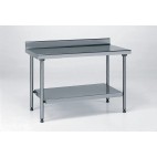 Table inox TS 15N, démontable, sur mesure, à dosseret + étagère, pieds ronds, largeur 600 mm