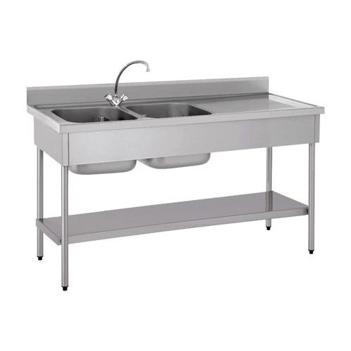 Plonge démontable avec étagère adossée 2 bacs à gauche 1 égouttoir à droite L 1600 x l 700 x H 900 mm Plonge démontable avec étagère adossée 2 bacs à gauche 1 égouttoir à droite L 1600 x l 700 x H 900 mm