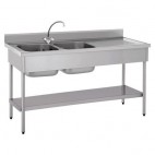 Plonge démontable, avec étagère, adossée, 2 bacs à gauche, 1 égouttoir à droite, L 1600 x l 700 x H 900 mm
