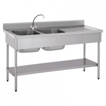 Plonge démontable, avec étagère, adossée, 2 bacs à gauche, 1 égouttoir à droite, L 1400 x l 700 x H 900 mm