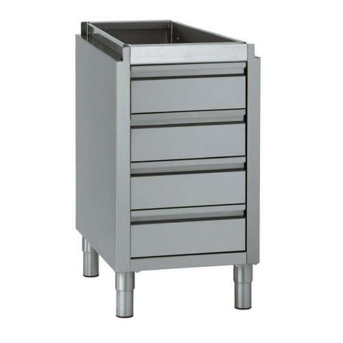 Meuble à 3 tiroirs avec bac GN 1/1 100 mm sans dessus longueur hors-tout 492 mm, inox + 1 tirette Meuble à 3 tiroirs avec bac GN 1/1 100 mm sans dessus longueur hors-tout 492 mm, inox + 1 tirette