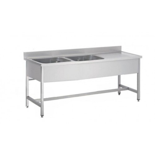 Plonge démontable sur pieds carrés sans étagère, inox AISI 304, 2 bacs à gauche, P-600 mm Plonge démontable sur pieds carrés sans étagère, inox AISI 304, 2 bacs à gauche, P-600 mm
