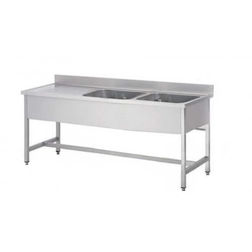 Plonge démontable sur pieds carrés sans étagère, inox AISI 304, 2 bacs à droite, P-600 mm Plonge démontable sur pieds carrés sans étagère, inox AISI 304, 2 bacs à droite, P-600 mm