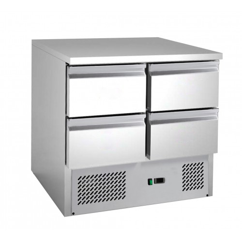 Desserte centrale type saladette dessus inox réfrigérée 4 tiroirs GN1/1 -65 Desserte centrale type saladette dessus inox réfrigérée 4 tiroirs GN1/1 -65