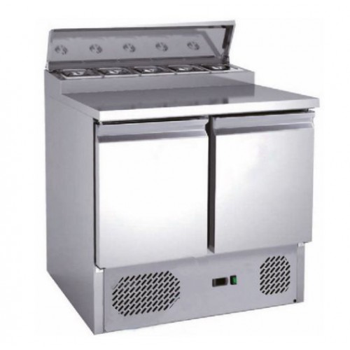 Saladette réfrigérée, +2 + 8 °C, 254 L, plan de travail inox, 2 portes, GN1/6 x 5 Saladette réfrigérée, +2 + 8 °C, 254 L, plan de travail inox, 2 portes, GN1/6 x 5