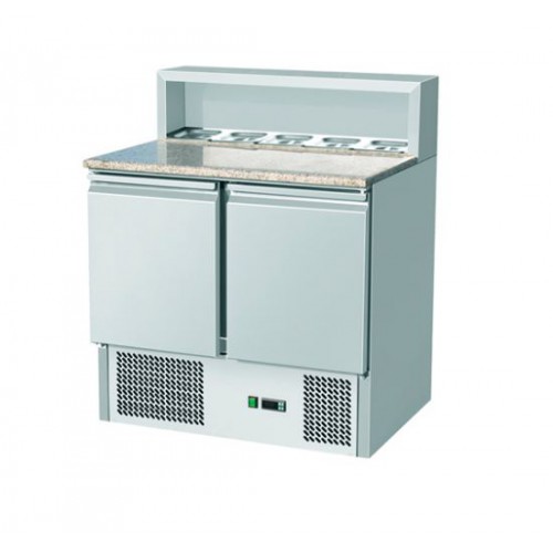 Saladette réfrigérée, +2 + 8 °C, 288 L, plan de travail inox, 2 portes, GN1/6 x5 Saladette réfrigérée, +2 + 8 °C, 288 L, plan de travail inox, 2 portes, GN1/6 x5