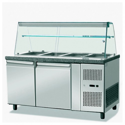 Saladette réfrigérée, 0 + 8 °C, 502 L, 260 W, surface en granit, 2 portes, GN 1/1 x 4 Saladette réfrigérée, 0 + 8 °C, 502 L, 260 W, surface en granit, 2 portes, GN 1/1 x 4