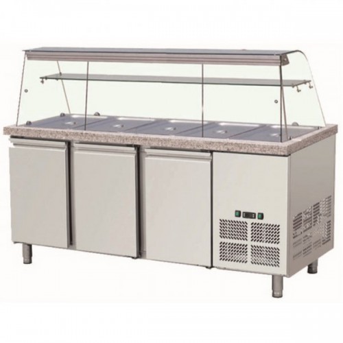 Saladette réfrigérée, 0 + 8 °C, 612 L, 280 W, surface en granit, 3 portes, GN 1/1 x 5 Saladette réfrigérée, 0 + 8 °C, 612 L, 280 W, surface en granit, 3 portes, GN 1/1 x 5