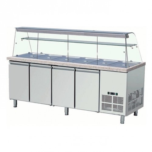 Saladette réfrigérée, 0 + 8 °C, 802 L, 300 W, surface en granit, 4 portes, GN 1/1 x 6 Saladette réfrigérée, 0 + 8 °C, 802 L, 300 W, surface en granit, 4 portes, GN 1/1 x 6